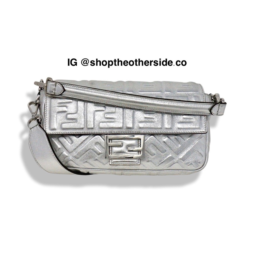 Fendi NM Metallic Napa Embossed Baguette in Silver
